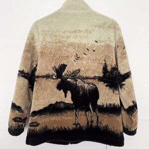 Glacier Gear VTG Moose Jacket Wildlife AOP Fleece Zip Up Size Small Gray Brown